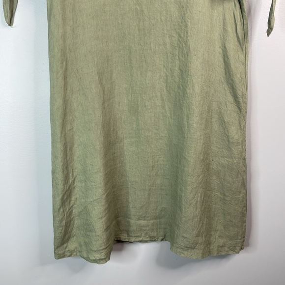 TERZO MILLENNIO Linen Shift  Dress Sage Green Tied Short Sleeves Coastal Loose S - Picture 5 of 11